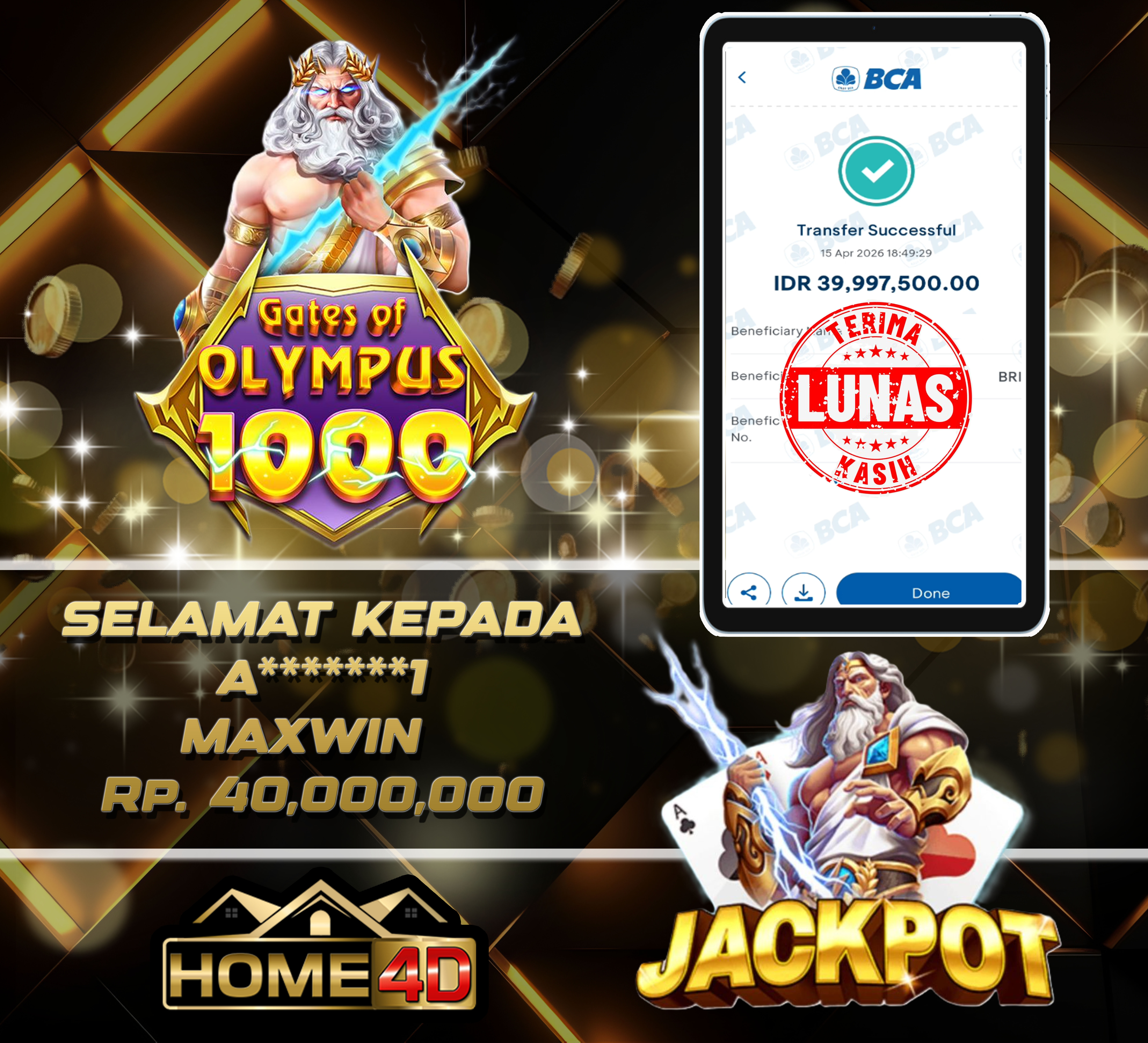 HOME4D JACKPOT Gates of Olympus 1000 Rp. 40,000,000